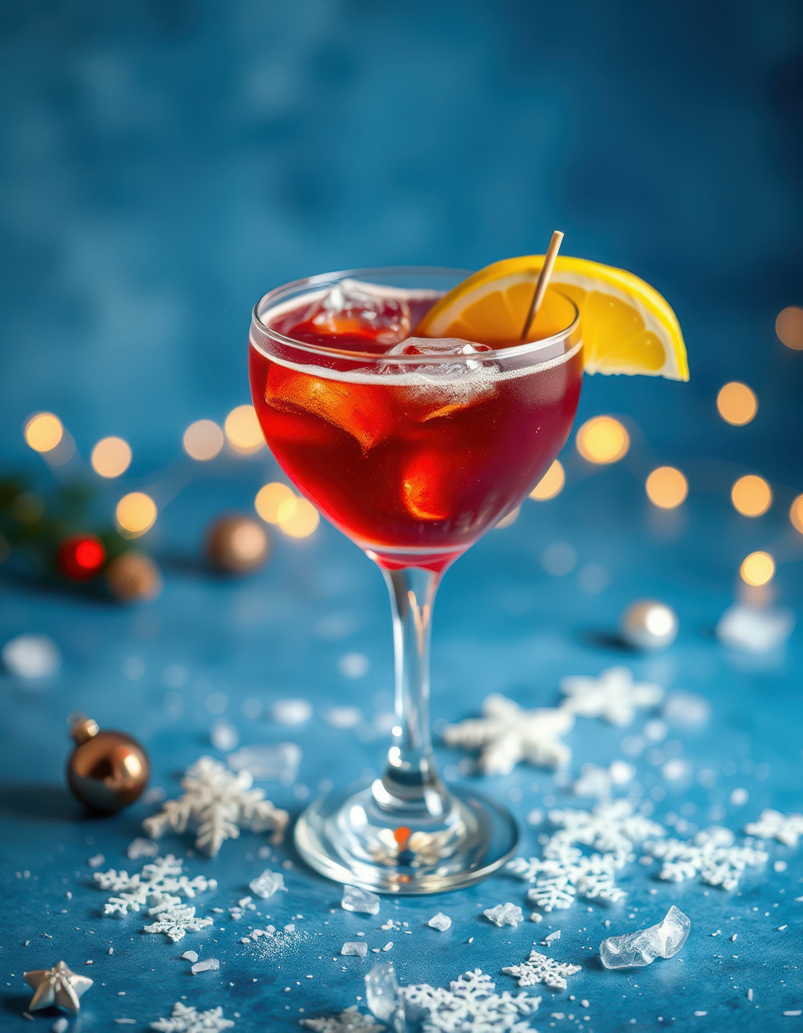 Festive cocktail with citrus garnish and holiday decorations on a blue backdrop